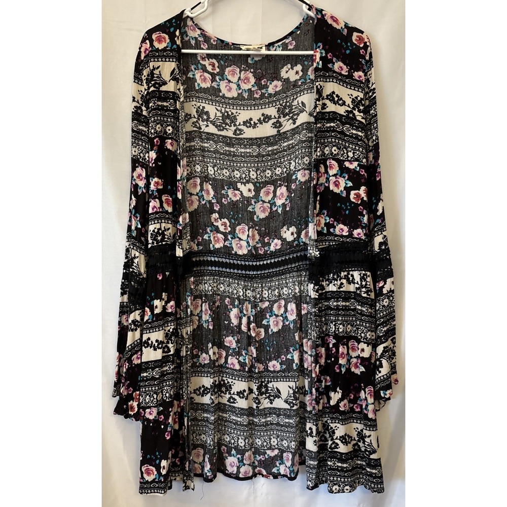 LA HEARTS Crotched Waist Open Kimono CARDIGAN COVER UP Bell Sleeve Boho M/L